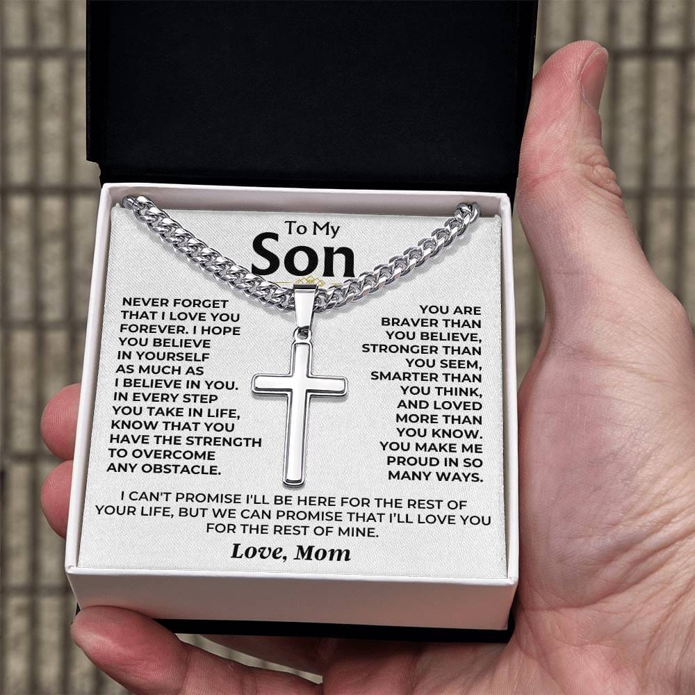 To My Son - Love Mom - Cuban Link - Artisan Cross - Gift Set - SS542SM